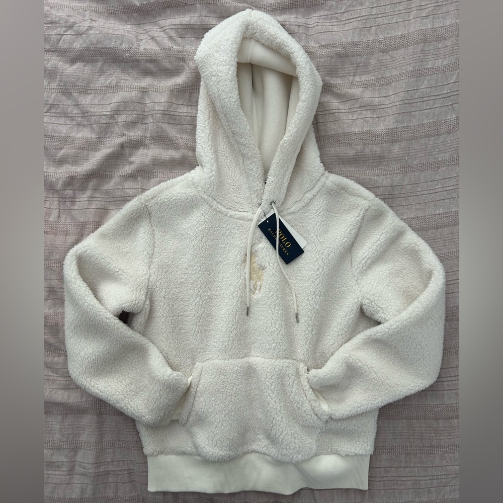 NWT Polo Ralph Lauren Sherpa Fleece Hoodie Women’s XS Cream Pullover Pony Logo